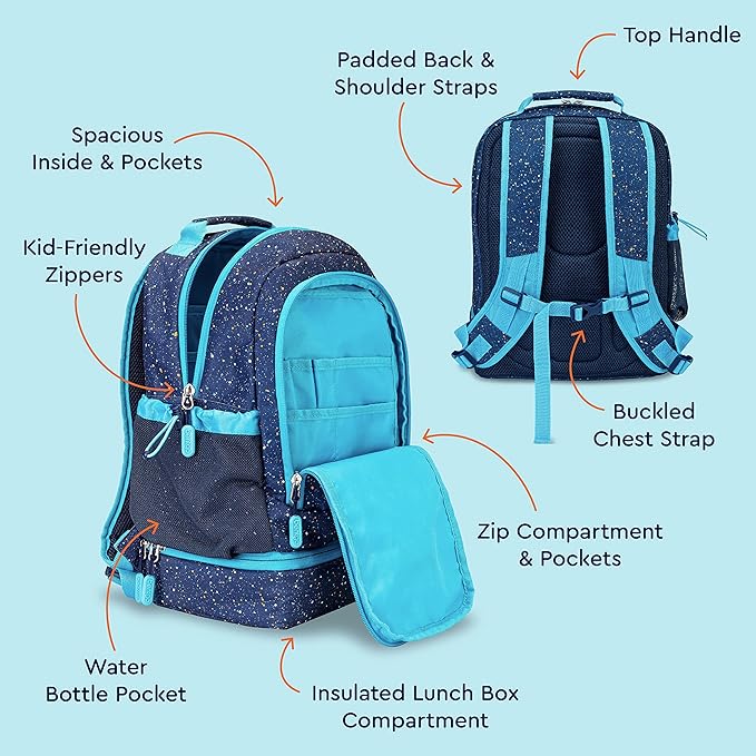 Bentgo Kids 2-in-1 Backpack & Insulated Lunch Bag - Confetti Designed 16” Backpack for School & Travel -, Durable, Water Resistant, Padded, & Large Compartments (Confetti Edition - Abyss Blue)-CubbioJoy