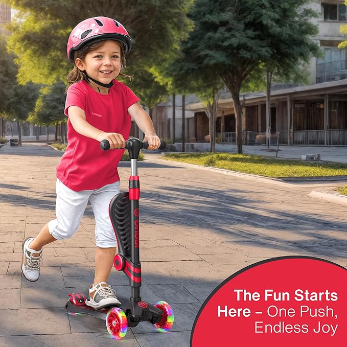 Black and Red 3 Wheel Scooter with Seat for Kids – Light-Up LED Wheels, Adjustable Handlebar and Seat, Smooth PU Wheels, Wide Anti-Slip Deck, Rear Foot Brake – Toddler Outdoor Toys for Ages 2+-CubbioJoy