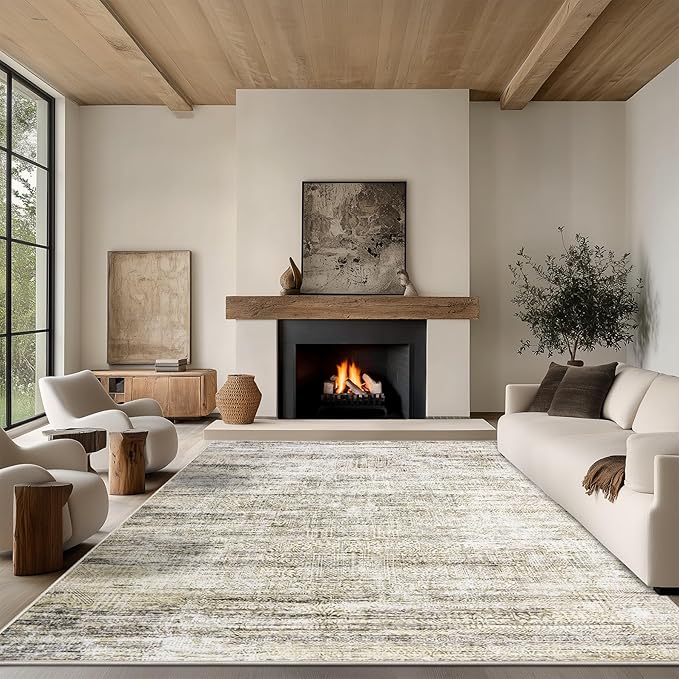 9x12 Area Rug Living Room Rugs - Washable Rug Large Modern Abstract Soft Thin Carpets Indoor Floor No Slip Vintage Carpet for Bedroom Under Dining Table Nursery Home Office Decor Nature-CubbioJoy