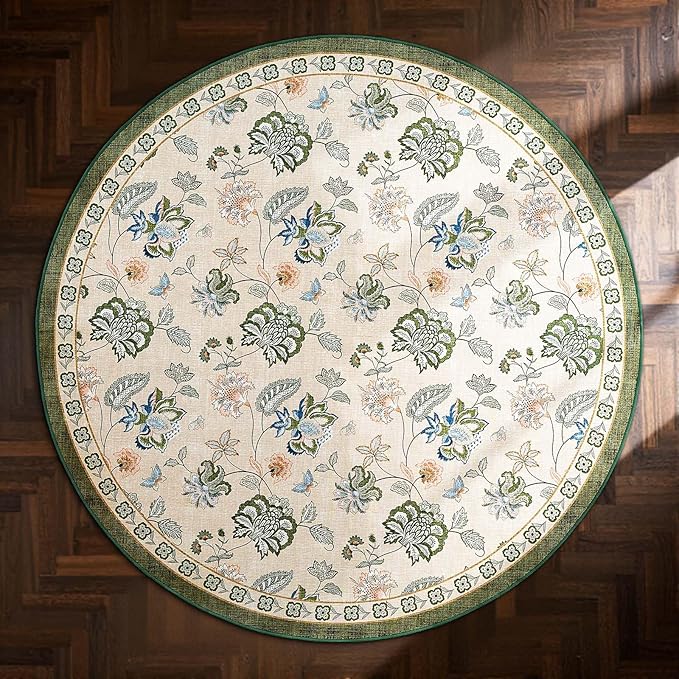 jinchan 6ft Floral Round Rug for Dining Room Washable Living Room Rug Vintage Romance Design Non Slip Indoor Floor Cover Lightweight Low-Profile Throw Carpet for Bedroom Porch Patio, Green/Beige-CubbioJoy