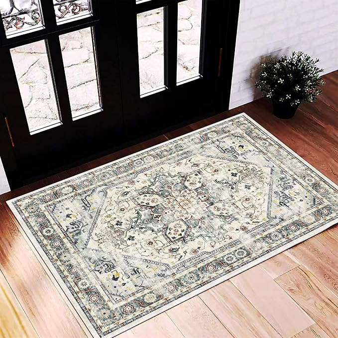 2'x3' Cyan Khaki Area Rug Washable Door Mat Vintage Distressed Doormat Indoor Entrance Traditional Thin Floral Print Non Slip Carpet for Kitchen Bathroom Bedroom Living Room-CubbioJoy