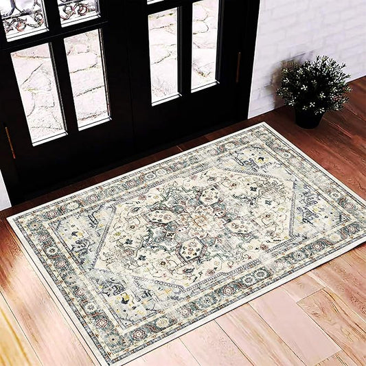 2'x3' Cyan Khaki Area Rug Washable Door Mat Vintage Distressed Doormat Indoor Entrance Traditional Thin Floral Print Non Slip Carpet for Kitchen Bathroom Bedroom Living Room-CubbioJoy
