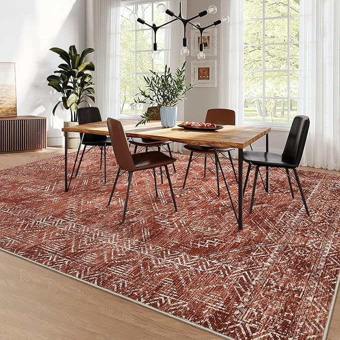 COZYLOOM Large Living Room Rugs 9x12 Machine Washable Area Rugs Modern Abstract Floor Cover Non Slip Stain Resistant Geometric Mats for Bedroom, Nursery, Office, Brick Red-CubbioJoy