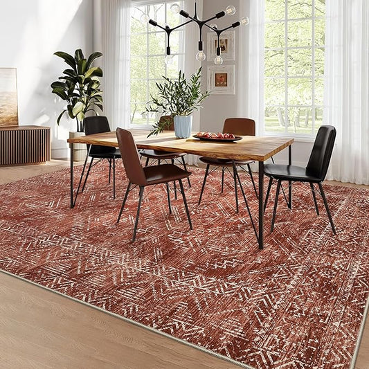 COZYLOOM 4x6 Area Rug Modern Indoor Area Rug Machine-Washable for Living Room or Bedroom Softness Foldable Carpet for Easy Storage Abstract Geometric Design Non Slip Stain Resistant Carpet, Brick Red-CubbioJoy