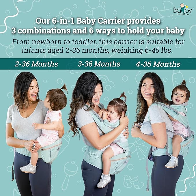 Baby Carrier - 6-in-1 Ergonomic Soft Carrier with Hip Seat and Large Storage, Front and Back Positions, Adjustable Waist Up to 43 Inches, for Infants Aged 2-36 Months, Weighing 6-45 lb-CubbioJoy