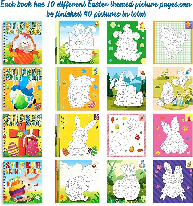 90shine 4PCS Easter Crafts for Kids Ages 4-8 Sticker Books - Basket Stuffer Gift Includes Bunny Egg Chick Gnome and More Designs Create 40 Pictures-CubbioJoy