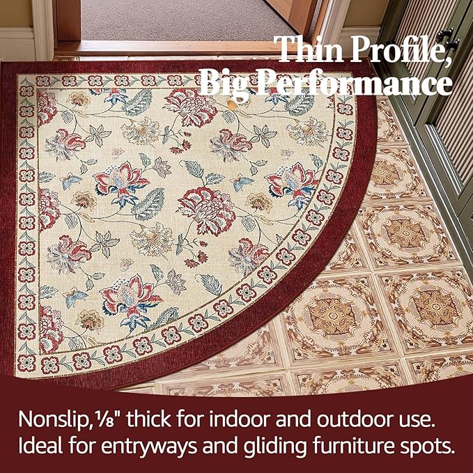 jinchan Floral Corner Rug for Entryway Washable Kitchen Rug Vintage Romance Design Non Slip Quarter Circle Lightweight Low-Pile Throw Carpet for Playroom Reading Nook Nursery, 4ft Radius, Red/Beige-CubbioJoy
