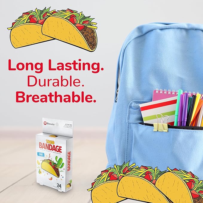 BioSwiss Bandages, Taco Shaped Self Adhesive Bandage, Latex Free Sterile Wound Care, Fun First Aid Kit Supplies for Kids, 24 Count-CubbioJoy