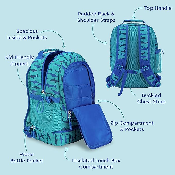 Bentgo Kids 2-in-1 Backpack & Insulated Lunch Bag - Durable 16” Backpack & Lunch Container in Unique Prints for School & Travel - Water Resistant, Padded & Large Compartments (Shark)-CubbioJoy