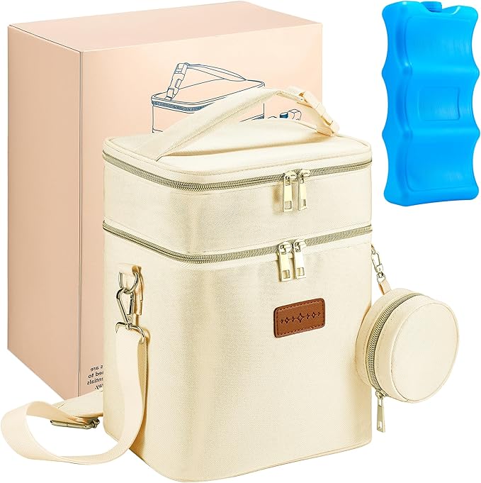 Breastmilk Cooler Bag with Ice Pack & Pacifier Case, Large Double Layer Insulated Baby Bottle Cooler Fits 6 Bottles, Breast Pump Storage Bag for Working Nursing Moms, with Gift Box-CubbioJoy