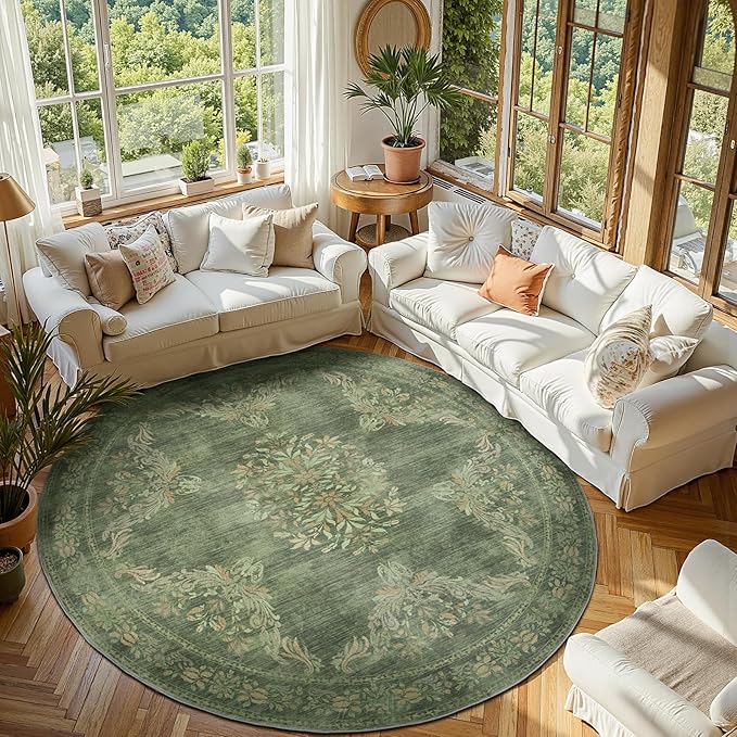 jinchan Round Rug 7ft Area Rugs,Vintage Floral Distressed Design Machine Washable Soft Non-Slip Low-Pile Ultra-Thin Circle Rug for Living Room Dining Room Bedroom Home Office (7' Round,Dark Green)-CubbioJoy