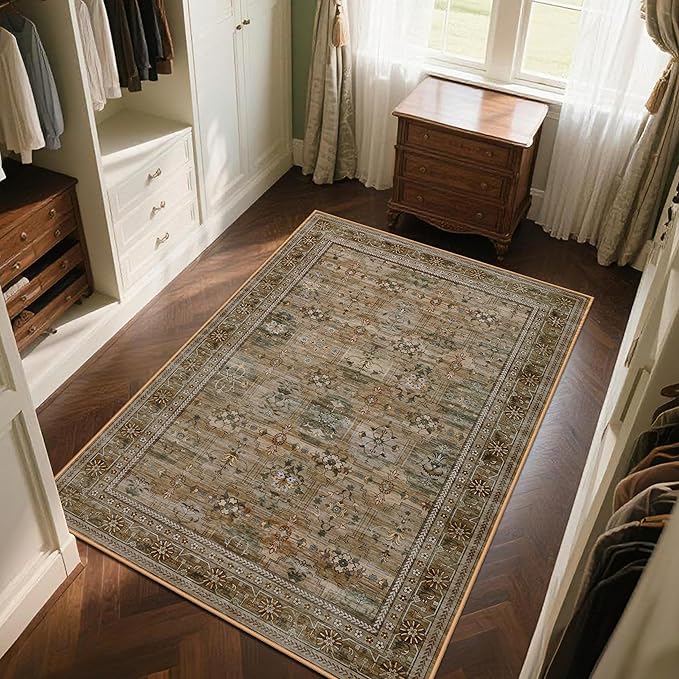 5x7 Washable Area Rug for Living Room Dining Room, Distressed Non Slip Vintage Floral Rugs for Bedroom, Traditional Indoor Floor Carpet for Dining Kitchen Farmhouse Olive/Charcoal-CubbioJoy