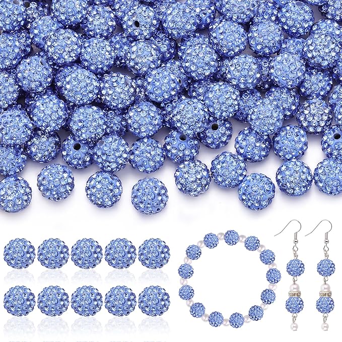 160pcs 10mm Rhinestone Beads for Jewelry Making, Light Blue Shiny Round Disco Ball Beads Bulk, Sparkle Crystal Clay Christmas for Bracelet Baseball Necklace Earring Crafting and DIY-CubbioJoy