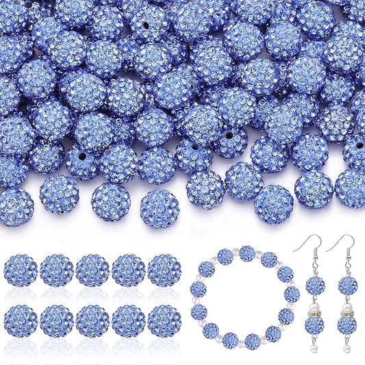 160pcs 10mm Rhinestone Beads for Jewelry Making, Light Blue Shiny Round Disco Ball Beads Bulk, Sparkle Crystal Clay Christmas for Bracelet Baseball Necklace Earring Crafting and DIY-CubbioJoy