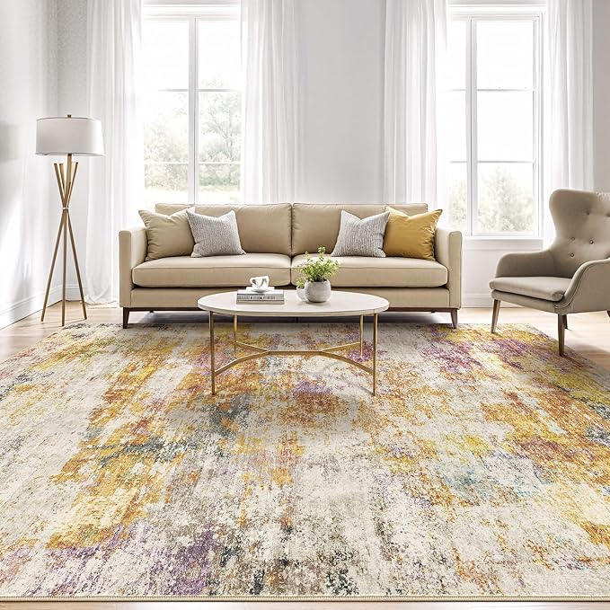 8X10 Area Rugs Living Room: Washable Large Abstract Modern Soft Stain Resistant Indoor Floor Rugs Non Slip Accent Carpet for Bedroom Nursery Playroom Office Dining Room Dorm Home House- Gold Colorful-CubbioJoy
