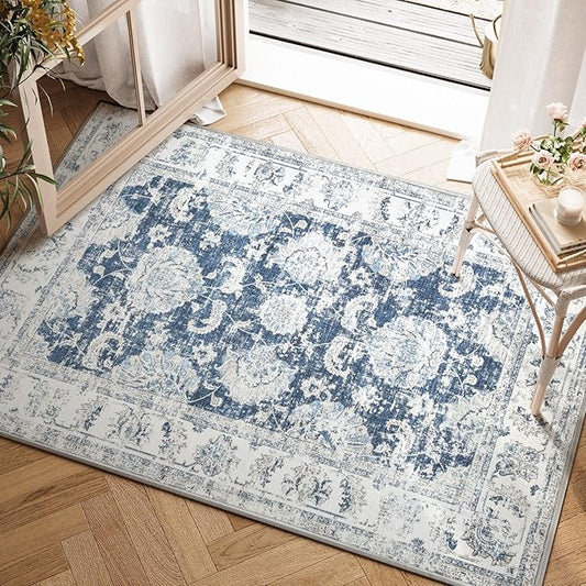 jinchan Floral 2x3 Rugs for Entryway - Vintage Washable Small Non-Slip Distressed Indoor Doormat Ultra-Thin Low-Pile Accent Rug for Entrance Kitchen Bedroom Bathroom (2x3ft,Dark Blue)-CubbioJoy