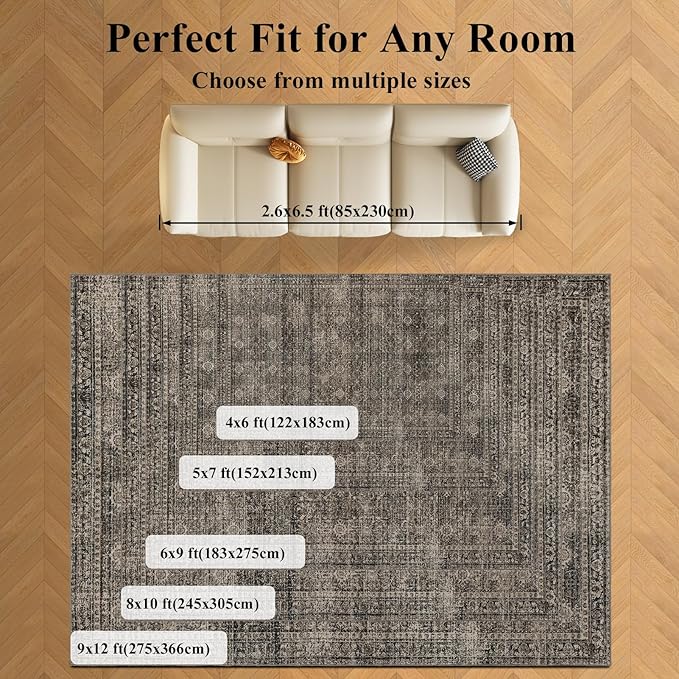 9x12 Area Rug Living Room Rugs, Stain Resistant Washable Rug, Vintage Large Non-Slip Backing, Low Pile Lightweight Print Rug for Bedroom Dinning Room Home Office (Brown)-CubbioJoy