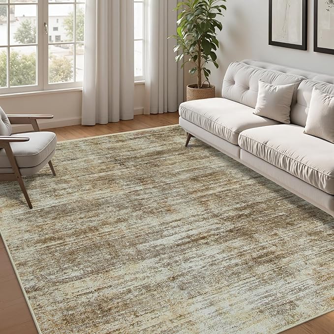 Area Rug 5x7 Living Room Rugs: Abstract Large Washable Rugs with Non-Slip Backing, Thin Carpet for Dining Room Table Bedroom Nursery Indoor Home Office-Brown-CubbioJoy