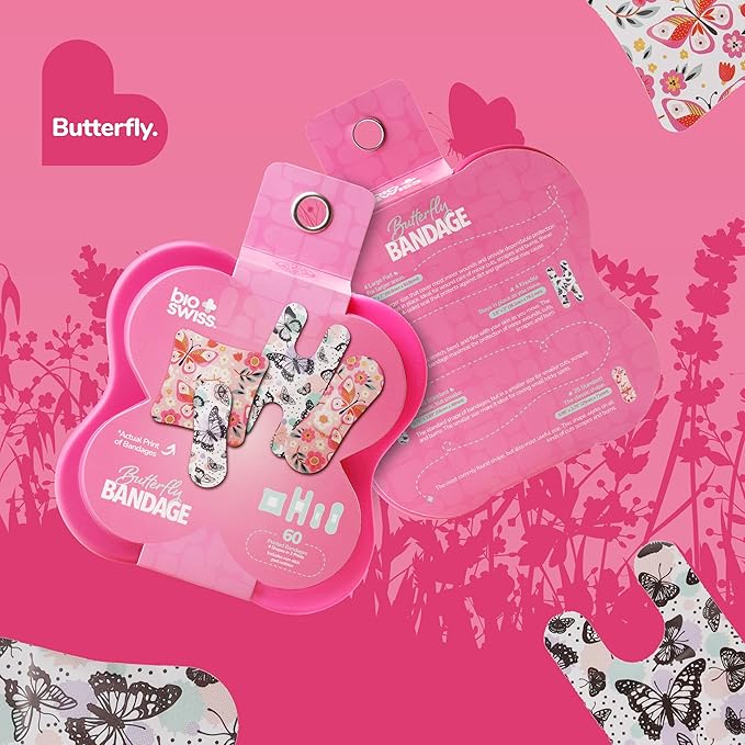 BioSwiss Bandages, Assorted Size Butterfly Print Self Adhesive Bandage, Latex Free Sterile Wound Care, First Aid Kit Supplies for Kids and Adults, 60 Count-CubbioJoy