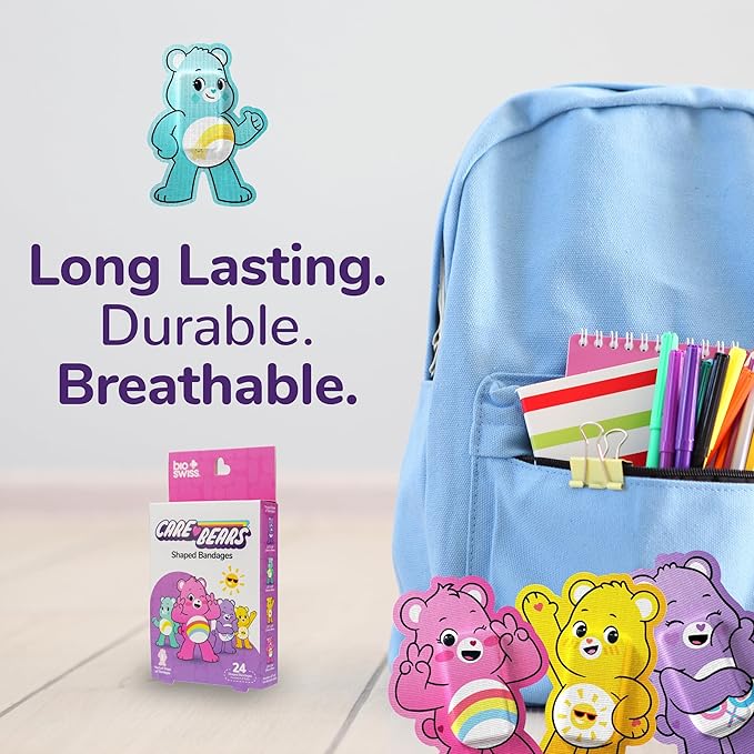 BioSwiss Care Bears Bandages, Unlock The Magic Care Bear Shaped Self Adhesive Bandage, Latex Free Sterile Wound Care, Fun First Aid Kit Supplies for Kids, 24 Count-CubbioJoy