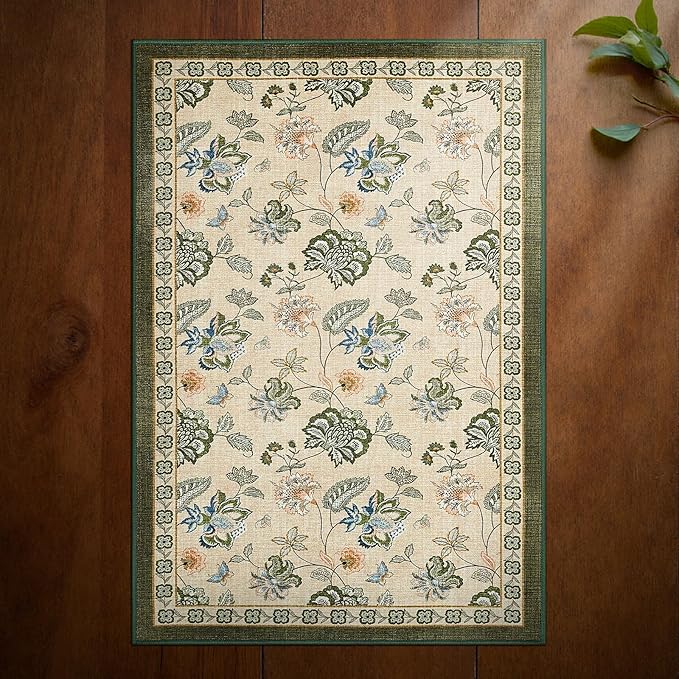 jinchan 2x3 Floral Rug for Entryway Washable Kitchen Rug Vintage Romance Design Small Mat Non Slip Indoor Doormat Lightweight Low-Profile Throw Carpet for Entrance Bathroom Laundry Room, Green/Beige-CubbioJoy