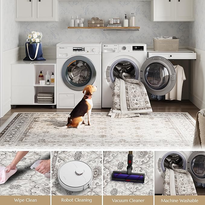 jinchan Hallway Runner Rug 2x8 - Machine Washable Beige Vintage Floral Distressed Design Soft Non-Slip Low-Pile Ultra-Thin Runner Rug for Kitchen Laundry Room Bedroom Farmhouse (2‘x8',Beige)-CubbioJoy