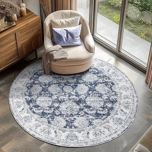 jinchan Round Rug 4ft Area Rugs Vintage Floral Distressed Design - Machine Washable Non-Slip Low-Pile Ultra-Thin Circle Rug for Entryway Bedside Living Room Dining Room Bedroom (4' Round,Dark Blue)-CubbioJoy