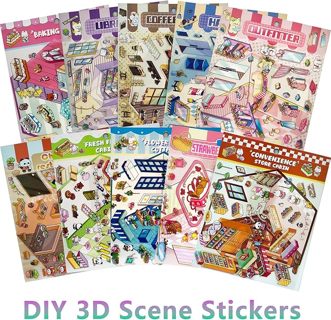DIY 3D Sticker Scene，10 Sets Pack（600+） Large-Sized, Reusable Sticker Book, Cute Sets for Free Combination, Waterproof for Anywhere, Crafts Party Favors Birthday Gift-CubbioJoy