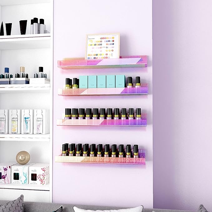 8 Pack 15 Inch Iridescent Acrylic Shelves, Clear Rainbow Kids Floating Bookshelf for Kids Room, Modern Sunglasses Essential Oil Picture Ledge Display Toy Storage Wall Shelf-CubbioJoy
