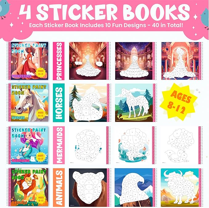 BulbaCraft 4Pcs Sticker Paint Books for Girls - Sticker Books by Number with Mermaids, Princesses, Animals and Horses - Coloring Activity for Kids-CubbioJoy