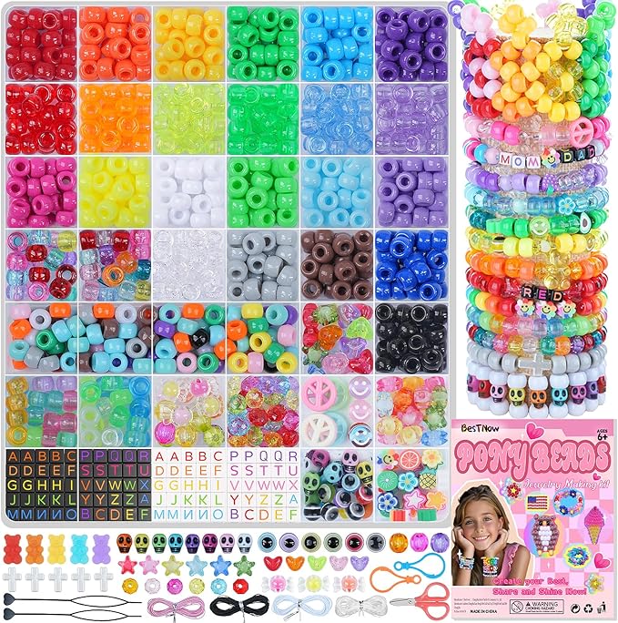 BestNow Kandi Beads Bracelet Making Kit Beads for Pony Beads Polymer Clay Beads 2 Types of Letter Beads 13 Types of Charm Beads for Jewelry Making DIY Arts and Crafts Gifts Toys for Girls Age 6-12-CubbioJoy