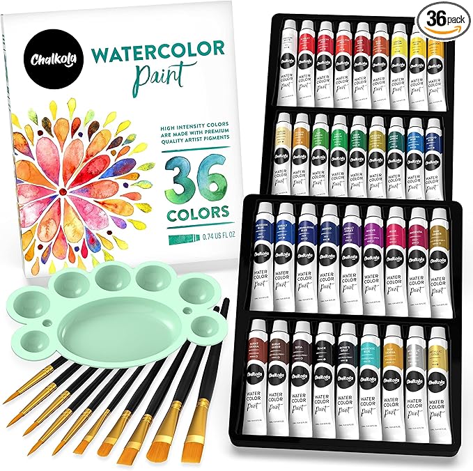 Chalkola Watercolor Paint Set for Adults, Kids, Beginner & Professional Artists - 36 Watercolor Tubes Set (12ml, 0.4oz), 10 Painting Brushes & 1 Palette | Vibrant Water Color Art Painting Supplies-CubbioJoy