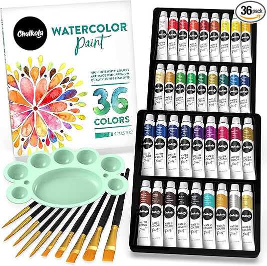 Chalkola Watercolor Paint Set for Adults, Kids, Beginner & Professional Artists - 36 Watercolor Tubes Set (12ml, 0.4oz), 10 Painting Brushes & 1 Palette | Vibrant Water Color Art Painting Supplies-CubbioJoy