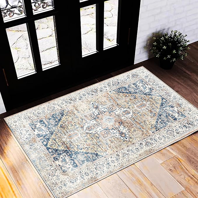 Area Rug 2x3 Washable Rug Door Mat Vintage Distressed Rug Doormat Indoor Entrance Traditional Thin Floral Print Non Slip Carpet for Kitchen Bathroom Bedroom Living Room-CubbioJoy