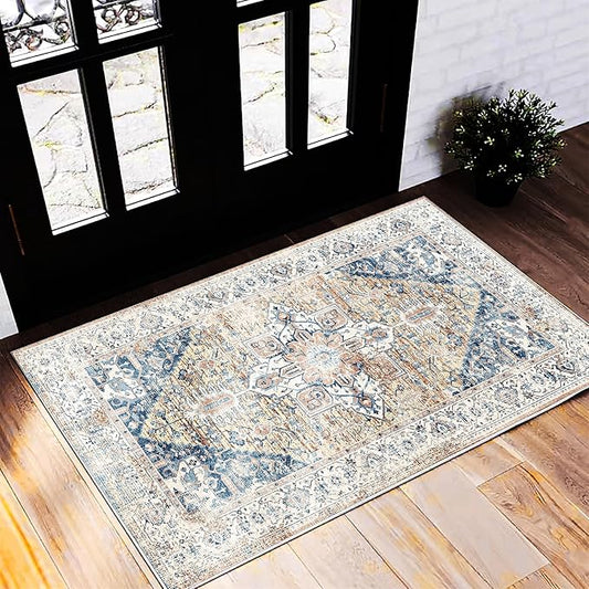 Area Rug 2x3 Washable Rug Door Mat Vintage Distressed Rug Doormat Indoor Entrance Traditional Thin Floral Print Non Slip Carpet for Kitchen Bathroom Bedroom Living Room-CubbioJoy