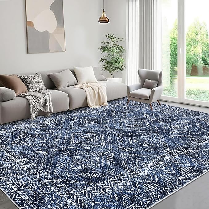 COZYLOOM Area Rug 5x7 Washable Rug for Living Room Bedroom Playroom Nursery Vintage Non Slip Low Pile Soft Throw Floor Cover Geometric Tribal Foldable Indoor Carpet, Blue-CubbioJoy