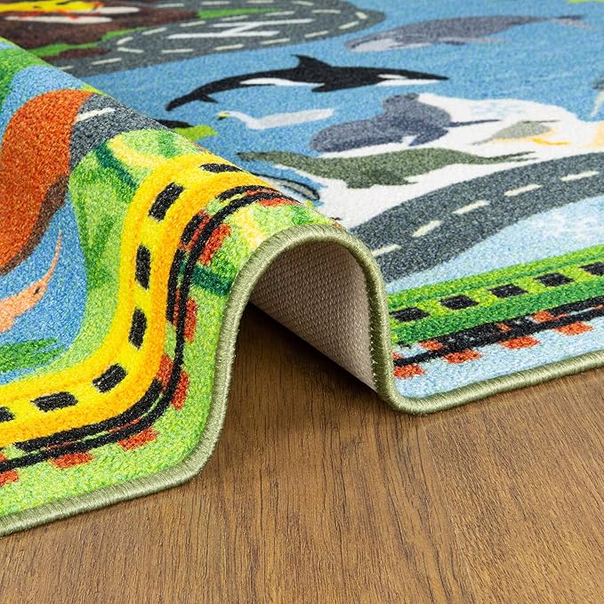 KC Cubs 5x7 Animal Safari Toy Car Road Rug – Educational Play Mat Carpet for Kids, Toddlers, Nursery, Classroom, Playroom, Baby Daycare, Boys & Girls-CubbioJoy