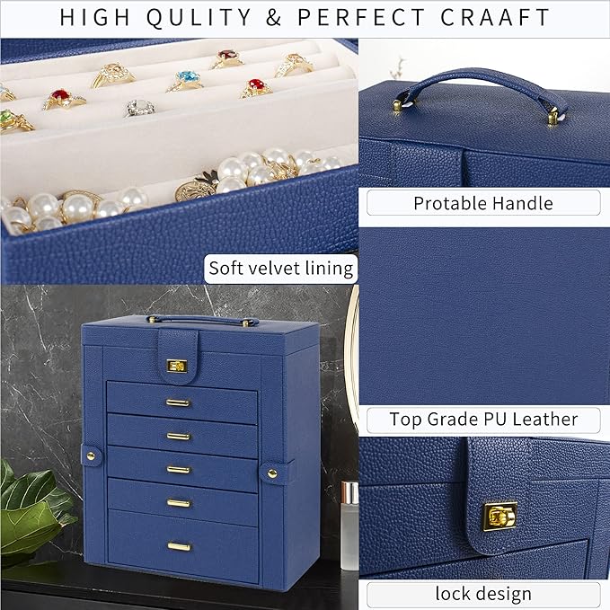 AKOZLIN Large Jewelry Box Organizer Functional Lockable with Big Mirror, Leather Jewelry Storage Case for Women Girls Ring Necklace Earring Bracelet Holder Organizer Blue-CubbioJoy