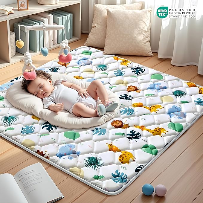 Baby Play Mats for Floor, 59x59 Playpen Mat for Babies, Extra Thicker & Soft Floor Crawling Mat, Foldable Non-Slip Playmat Cushioned for Infants Toddlers, Cute Animal Design-CubbioJoy