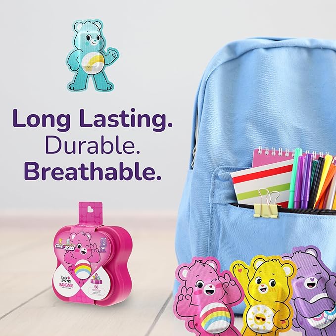 BioSwiss Care Bears Bandages, Unlock The Magic Care Bear Shaped Self Adhesive Bandage, Latex Free Sterile Wound Care, Fun First Aid Kit Supplies for Kids, 50 Count-CubbioJoy