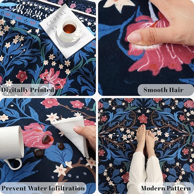 Area Rug 4x6 Rug Washable Vintage Floral Botanical Rugs Non Slip Low Pile Small Carpet for Bedroom, Bedside, Kids Room, Office, Dining Room, Blue-CubbioJoy