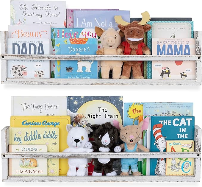 Brightmaison Polynez 30" Floating Shelves for Wall Decor, Kids Bookshelf, Nursery Book Shelves, Multiuse Shelf Set of 2 Wood Burnt White-CubbioJoy