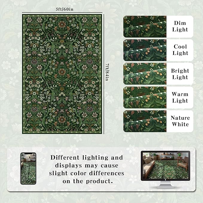 5×7 Dark Green Washable Floral Area Rug,Vintage Boho Soft Low-Pile Living Room Rugs, Stain Resistant Botanical Non-Slip Carpet for Bedroom,Dining Room, Kids Nursery,Home Decor-CubbioJoy