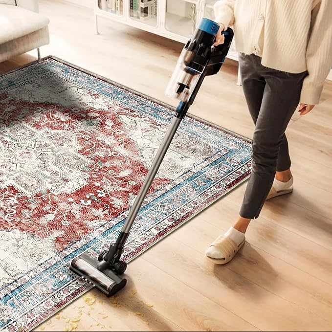 Area Rug 6'x9' Washable Red Blue Rug Vintage Traditional Floor Cover Retro Kitchen Indoor Distressed Non Slip Carpet Floral Print Mat Living Room Bedroom Dining Room-CubbioJoy