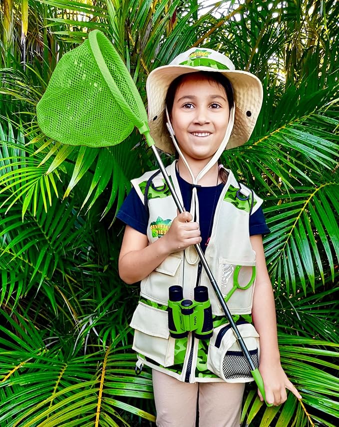 Bug Hunting Kit, Green Safari Vest, Hat, Binoculars, Lg. Butterfly Net, Bug Container, Whistle, Flashlight, Magnifier, Thermostat, Compass, Age 3+-CubbioJoy