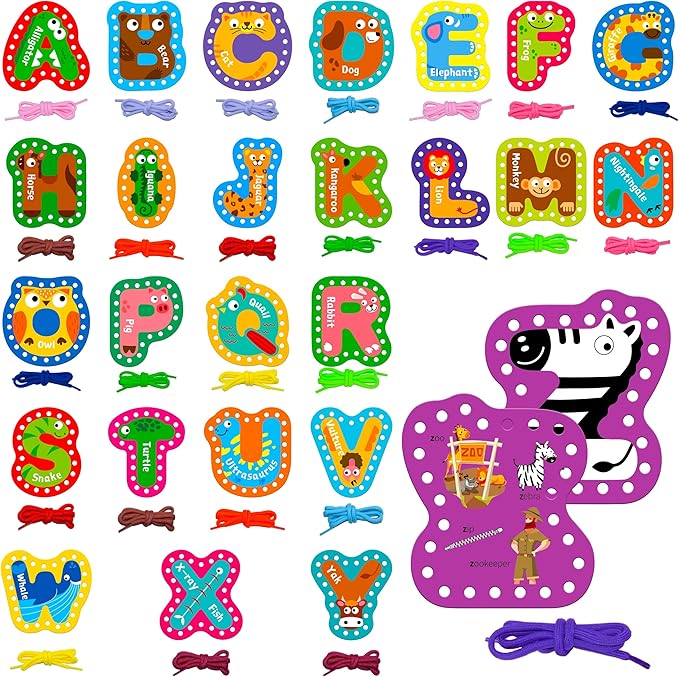 26PCS Kids Lacing Cards, 26 Double Sided Uppercase Sewing Cards with 26 Colorful Laces, Imagination Development Lacing Toys Games for Children Educational and Learning Activity-CubbioJoy
