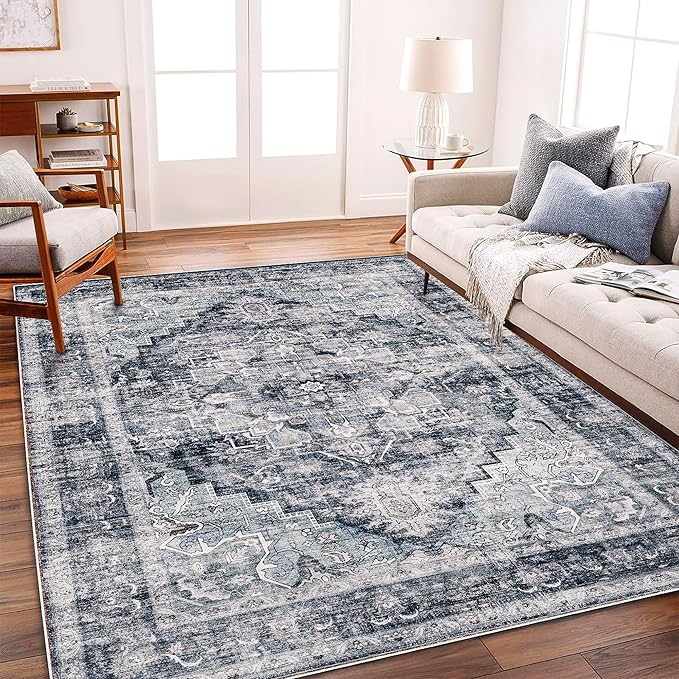 Area Rug 6'x9' Dark Blue Washable Vintage Traditional Floor Cover Thin Retro Kitchen Indoor Distressed Non Slip Carpet for Living Room Bedroom Dining Room-CubbioJoy