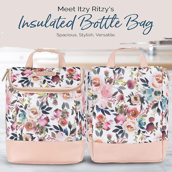 Itzy Ritzy Insulated Bottle Bag – Keeps Bottles Warm or Cool - Holds 3 Bottles & Features Interior Pocket for Ice Pack (Not Included), Blush Floral-CubbioJoy