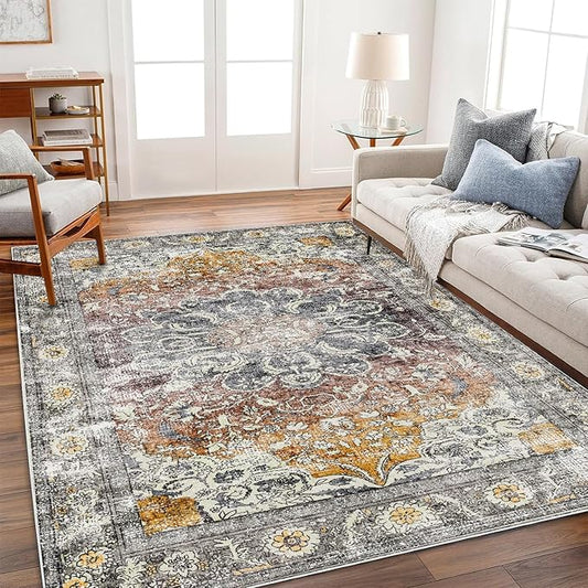 Area Rug 4x6 Washable Rug Taupe Vintage Traditional Floor Cover Foldable Thin Retro Accent Indoor Distressed Non Slip Carpet Floral Print Mat Bedroom Living Room Bathroom-CubbioJoy