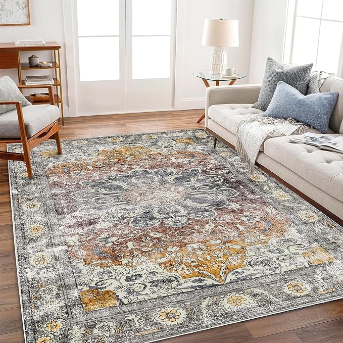 Area Rug 6x9 Washable Rug Brown Grey Vintage Traditional Distressed Thin Retro Kitchen Indoor Floor Cover Non Slip Carpet Floral Print Mat Living Room Bedroom Dining Room-CubbioJoy